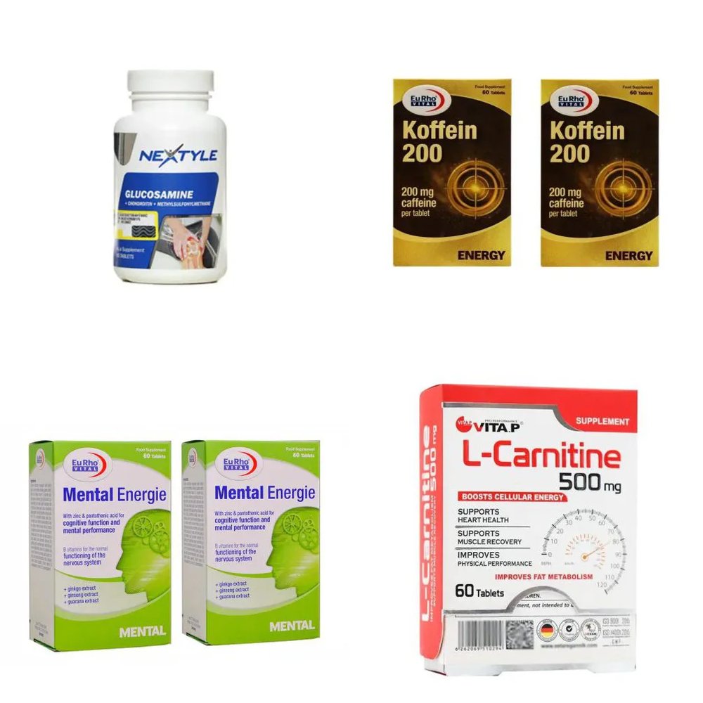 پکیج: قرص گلوکزامین نکستایل بسته 60 عددی + قرص کافئین یوروویتال 200 میلی گرم دو بسته 60 عددی + قرص منتال انرژی یوروویتال 2 بسته 60 عددی + قرص ال کارنیتین 500 میلی گرم ویتاپی بسته 60 عددی