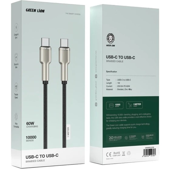 کابل تبدیل USB-C به USB-C گرین لاین Green Lion USB - C to USB - C Braided Cable 60W