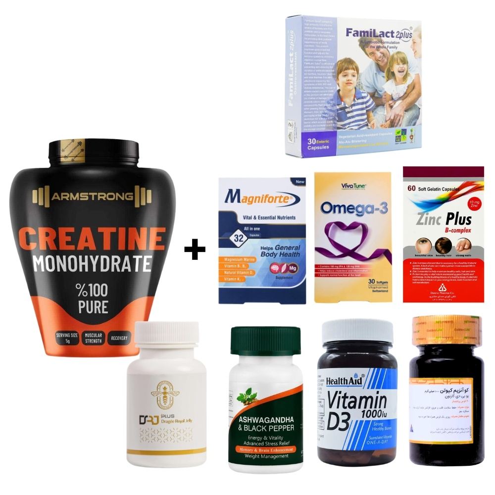 پک فیتنس کراتین آرمسترانگ + مگنیفورت + امگا 3 + آشواگاندا + زینک پلاس 10 + رویال ژلی + د3 1000 + کو آنزیم کیوتن 100 + فمی لاکت‌ 2 پلاس