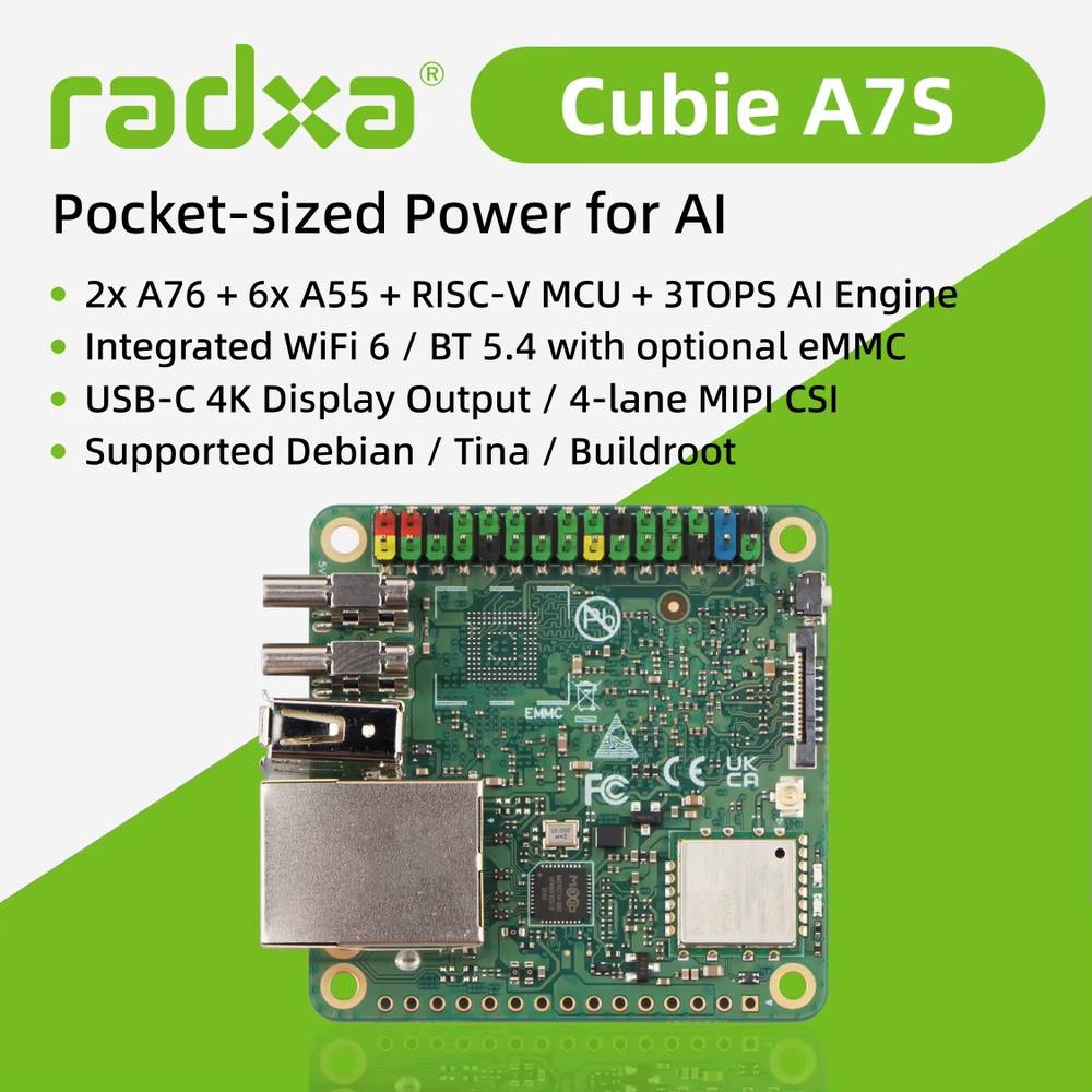 Radxa Cubie A7S (4G) | کامپیوتر تک‌برد با SoC Allwinner A733، 3 TOPS NPU، WiFi 6، LPDDR5 و خروجی 4K