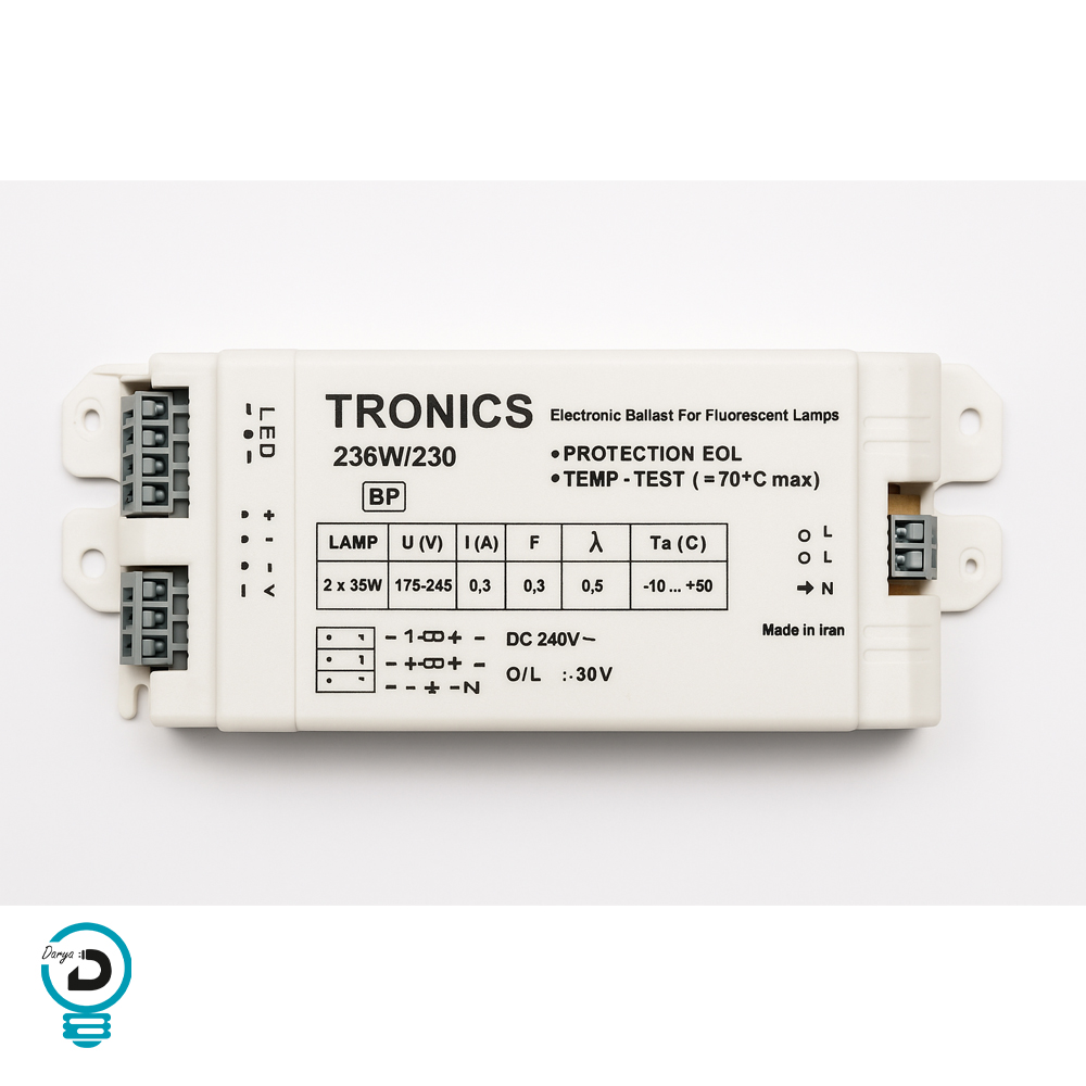 بالاست الکترونیکی 36×2 ترونیکس Tronics مدل 230V | ترانس الکترونیکی لامپ فلورسنت 36 وات ایرانی