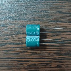 TAICON 25V 680uF – خازن 25 ولت 680 میکرو فاراد سری HW ابعاد 15*12.5
