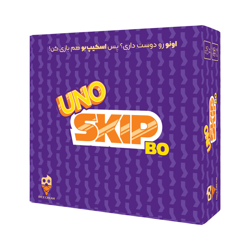 بازی فکری مدل اونو اسکیپ بو SKIP BO با 108 کارت، مناسب 2 تا 6 نفر، رده سنی بالای 8 سال، درجه سختی آسان و مدت زمان بازی حدود 30 دقیقه