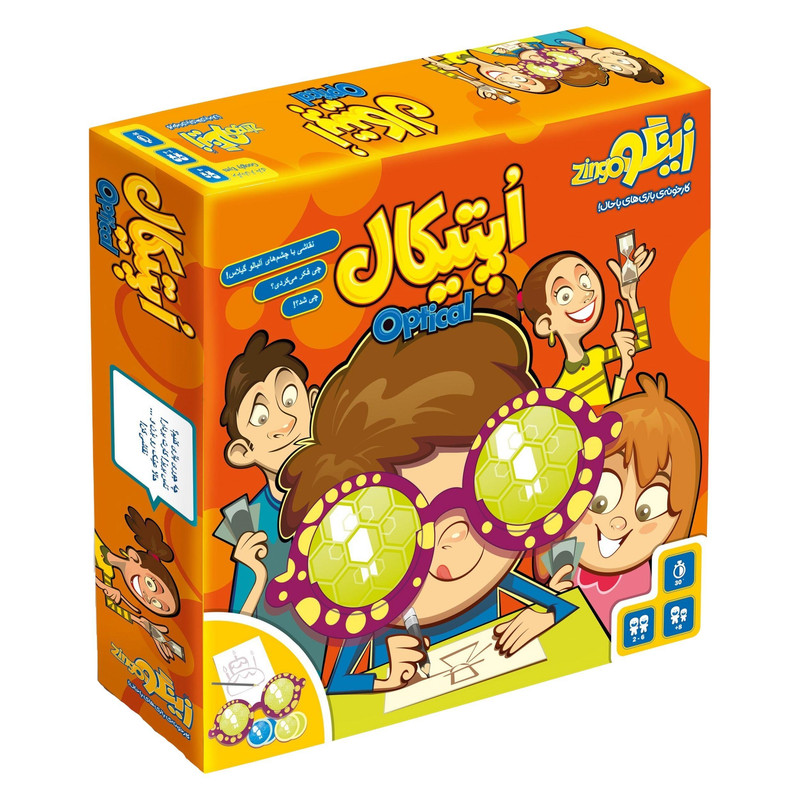 بازی فکری کارتی افزایش خلاقیت زینگو مدل اپتیکال با عینک لنز رنگی، ساعت شنی و تاس رنگی مناسب سنین کودک تا بزرگسال، 2 تا 6 نفره، افزایش دقت، تمرکز و تعامل اجتماعی، مدت بازی کمتر از یک ساعت