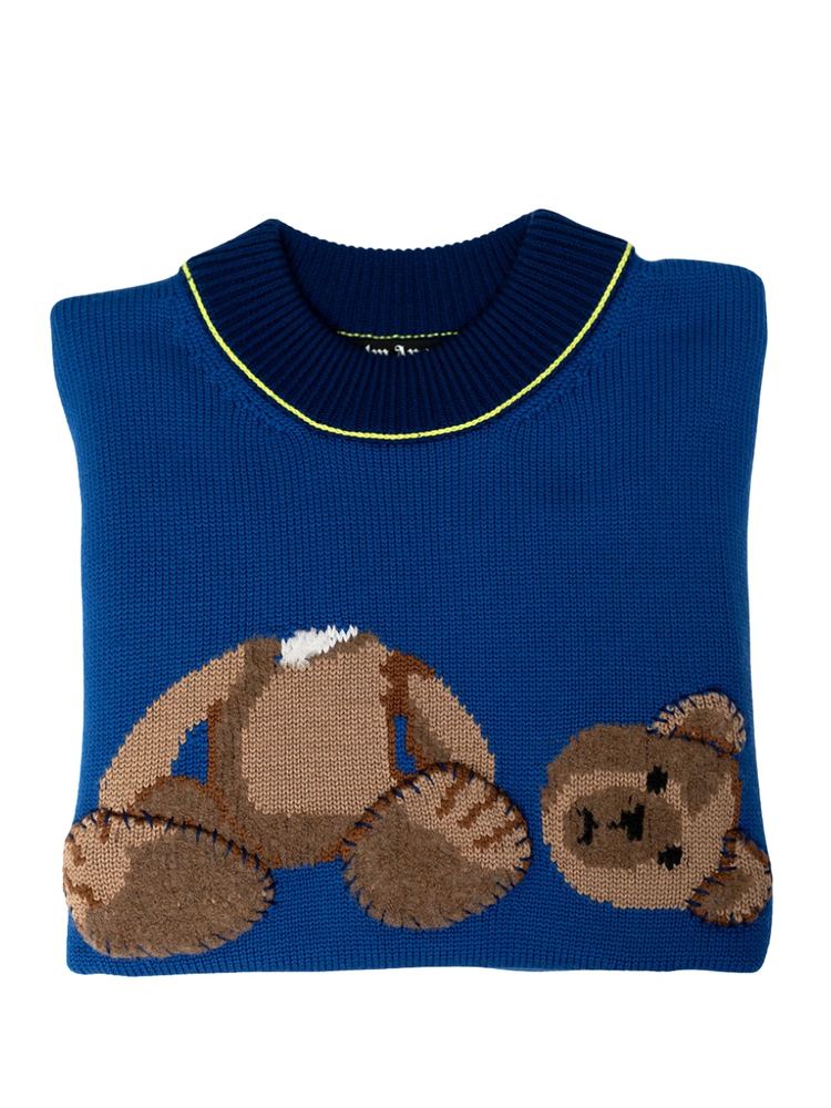 Teddy Bear Embroidered Wool Knit Sweater Blue