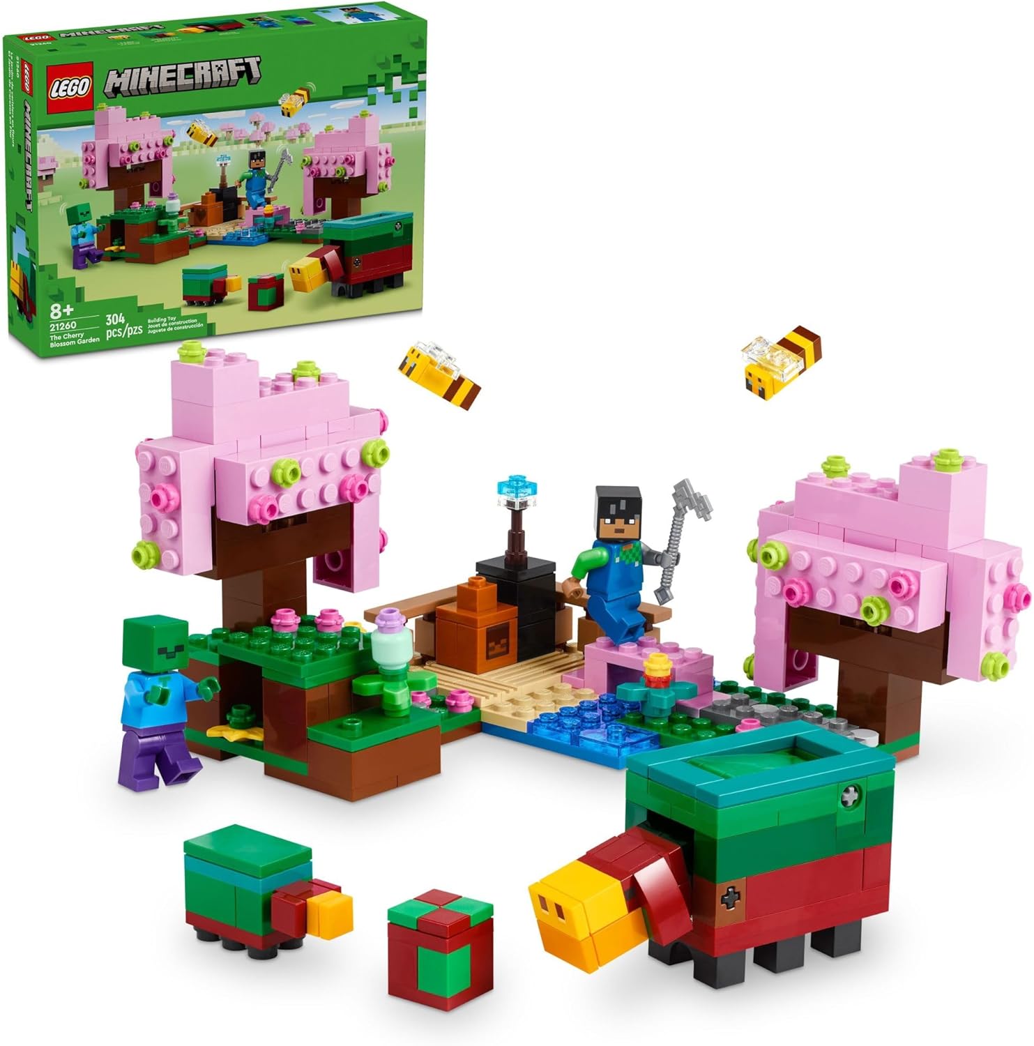 LEGO Minecraft The Cherry Blossom Garden, Video Game Toy for Kids, Building Set with 2 Minecraft Minifigures, Bees and a Sniffer Figure 21260