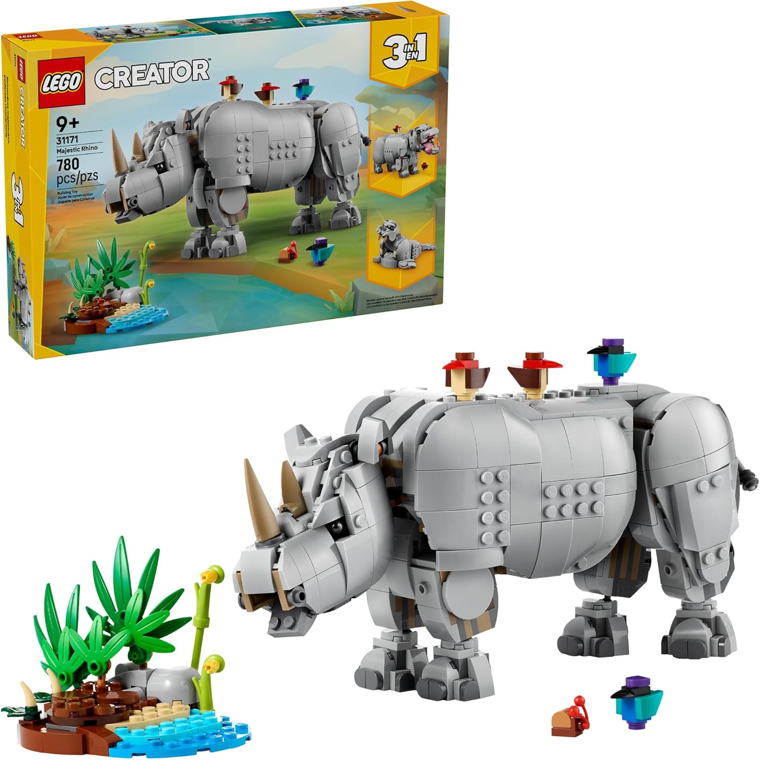 LEGO Creator 3 in 1 Wild Animals: Majestic Rhino with Birds Pretend Play Toy for Kids 31171