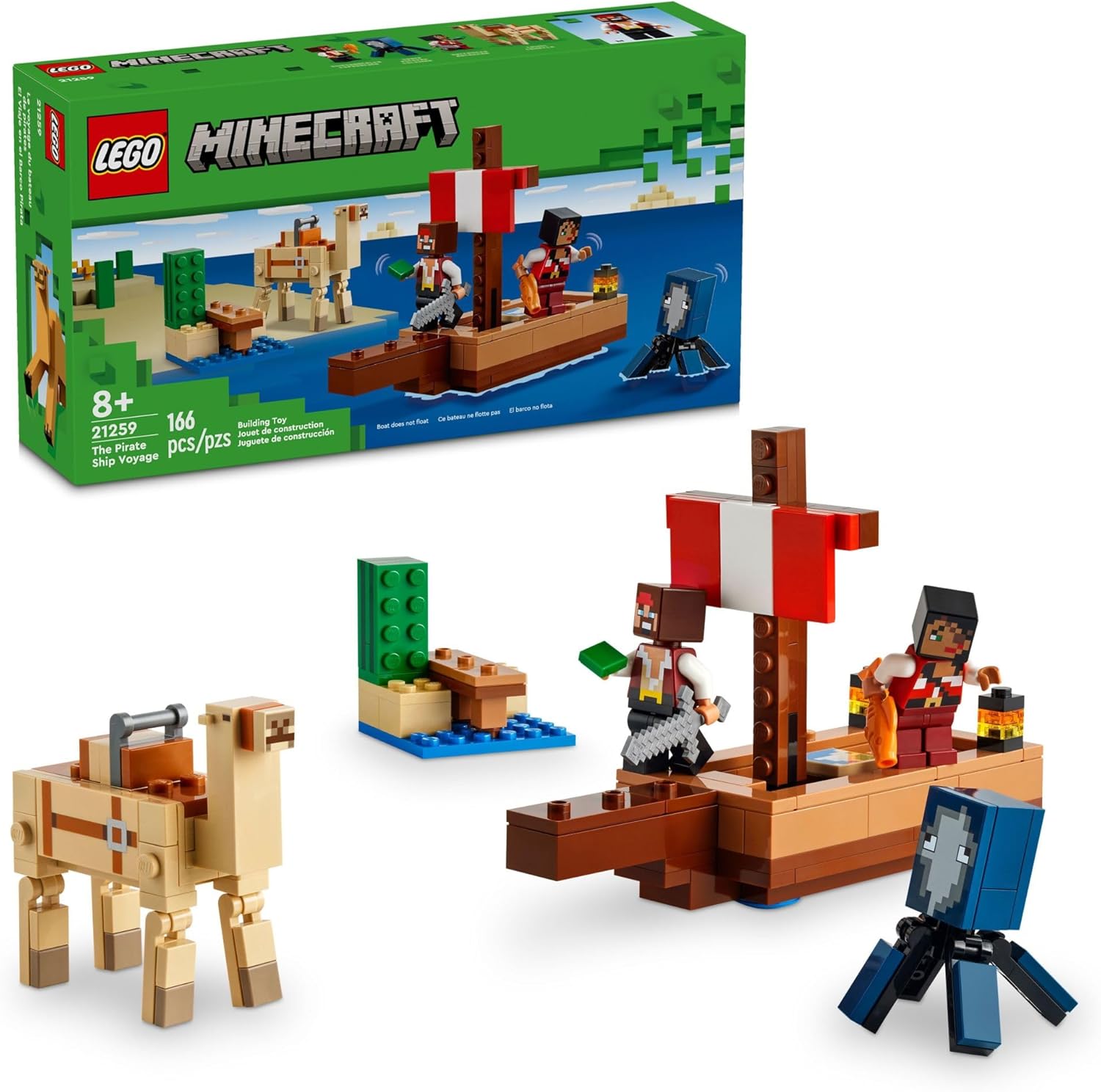 LEGO Minecraft The Pirate Ship Voyage, Boat Toy Playset for Kids with Squid, Camel and Pirate Figures, Pirate Toy Building Set 21259