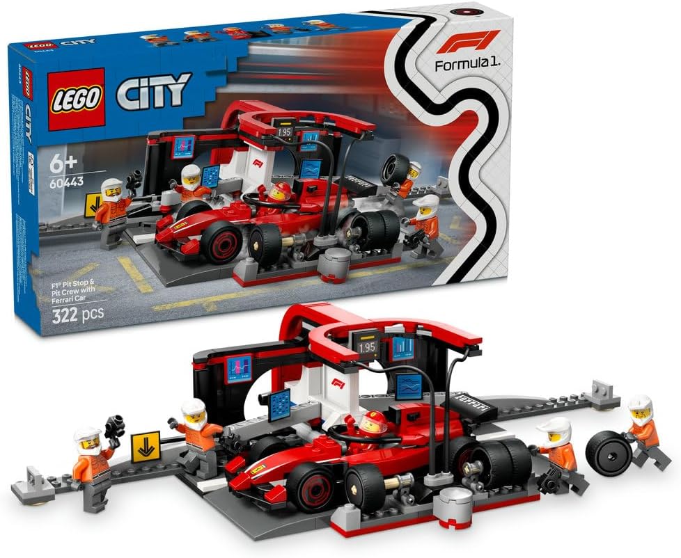 LEGO City F1 Pit Stop & Pit Crew with Ferrari Car Toy – ست فرمول 1 شامل. یک مینی فیگور راننده، 4 مکانیک، لاستیک یدکی و تفنگ چرخ – اسباب بازی های ساختمانی برای پسران و دختران 6 سال به بالا – 60443