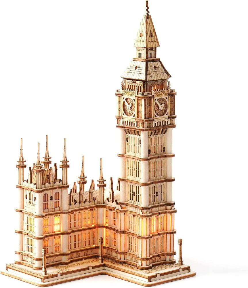 پازل و کیت ساخت چوبی سه‌بعدی بزرگسالان Rolife مدل معماری Big Ben چراغ‌دار TG507