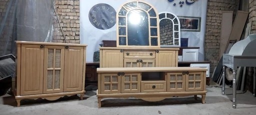 ست آینه کنسول و میز تلویزیون حصیری با آینه گنبدی دکوبازار مدل 739495
