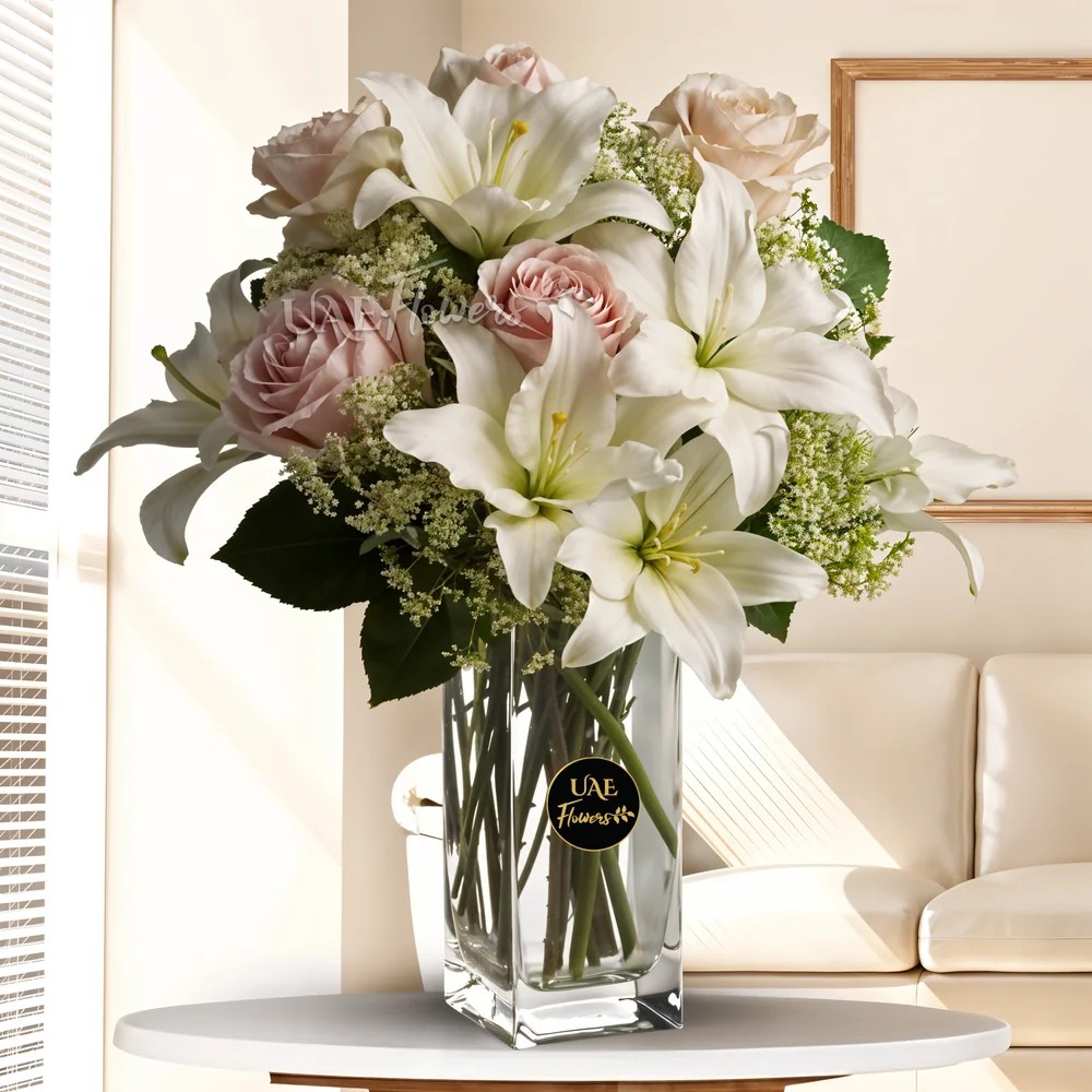 Graceful Lilies & Roses in a Glass Vase