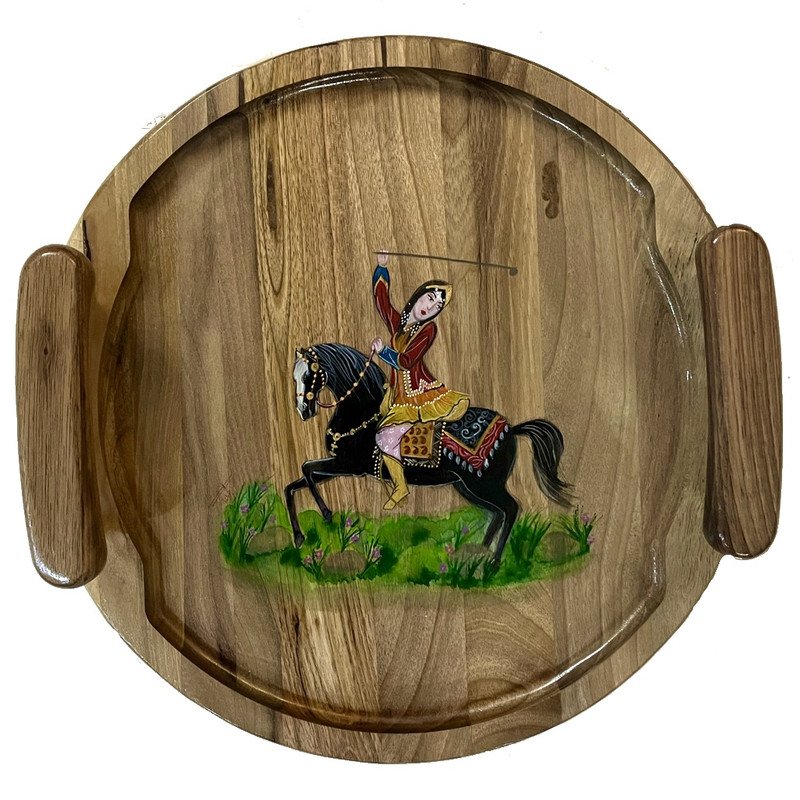 سینی دسته دار مدل چوب و نقاشی نگارگری چوگان کد 102 سایز 32*32 سانتی متر