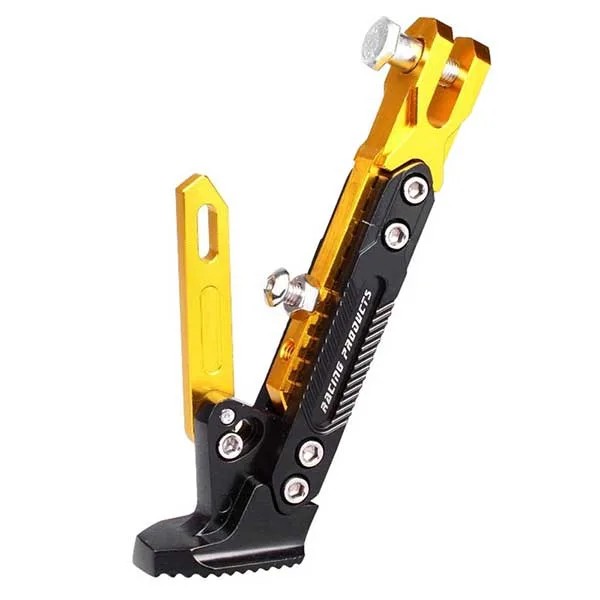 جک بغل موتورسیکلت ریسینگ اسپرت مدل CNC_GOD؛ شمش آلومینیوم T6 تراشکاری CNC با قابلیت تنظیم ارتفاع، کفی ضد لغزش عاج‌دار و فنر سخت‌کاری استیل