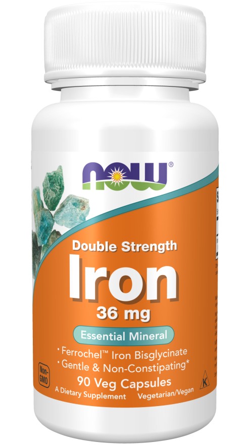 NOW Foods Iron 36 mg, Double Strength Veg 90 Capsules