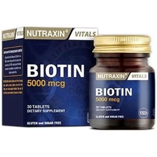 نوتراکسین بیوتین فورت ۵۰۰۰ میکروگرم 30 قرص – بیوتین، روی، سلنیوم، مس Nutraxin Biotin Forte 5.000 Mcg 30 Tbl – Biyotin, Çinko, Selenyum, Bakır NUTRAXIN BIOTIN 5000 MCG 30 TABLET