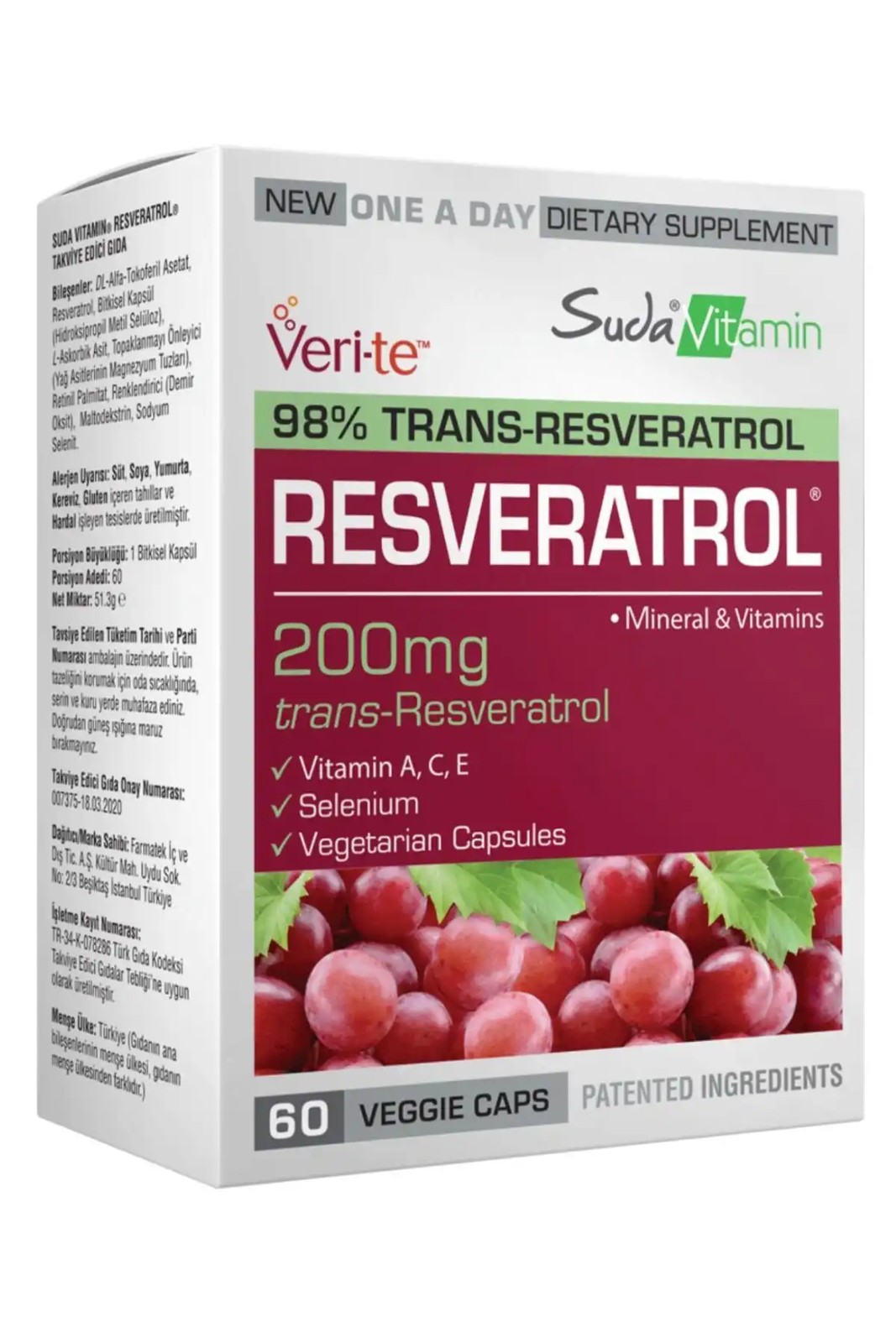 رزوراترول 60 عددی آنتی اکسیدان و ویتامین (A, C, E) و مواد معدنی (سلنیوم) برند Suda Vitamin