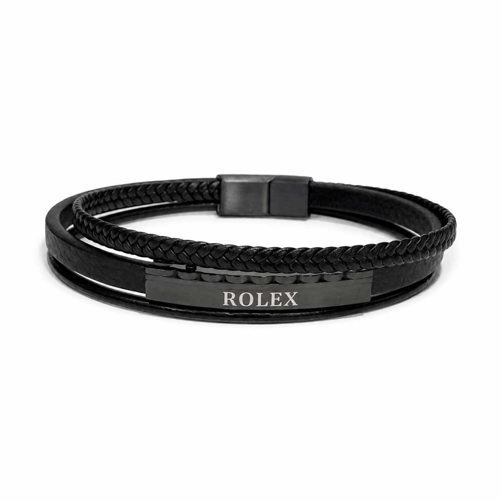 دستبند چرم مردانه 3 لاین طرح رولکس (Rolex) تمام مشکی کد LB-1028