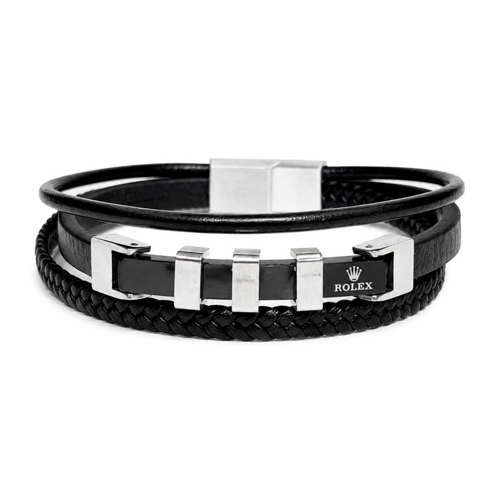 دستبند چرم مردانه 3 لاین طرح رولکس (Rolex) مشکی نقرهای کد LB-1021
