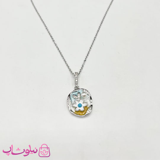 گردنبند زنانه میناکاری شده طرح گل سفید | گردنبند زنانه میناکاری شده طرح گل سفید کد 98 کد 31614