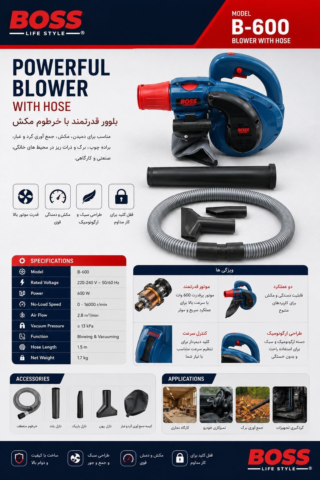 بلوور خرطومی 600 وات باس مدل B-600