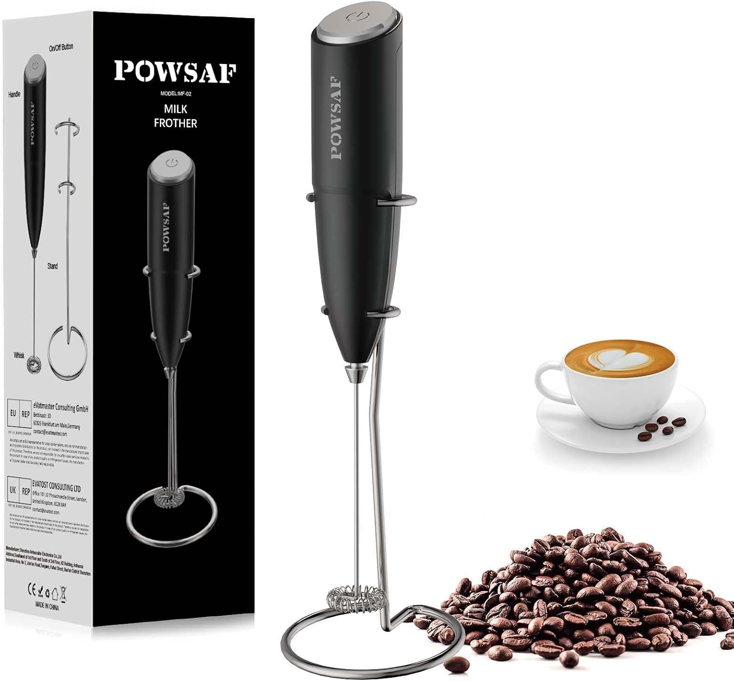 کف‌ساز شیر POWSAF دستی برای قهوه با پایه – عصای کف‌ساز دستی، همزن برقی نوشیدنی، کف‌ساز کوچک برای کاپوچینو، فراپه، ماچا، شکلات داغ، نقره‌ای/مشکی برند: پوسف