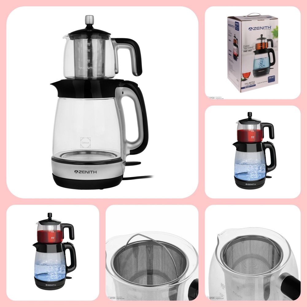 چای‌ساز شیشه‌ای زنیت مدل TMZ-1427 با المنت دوقلو و چراغ LED
