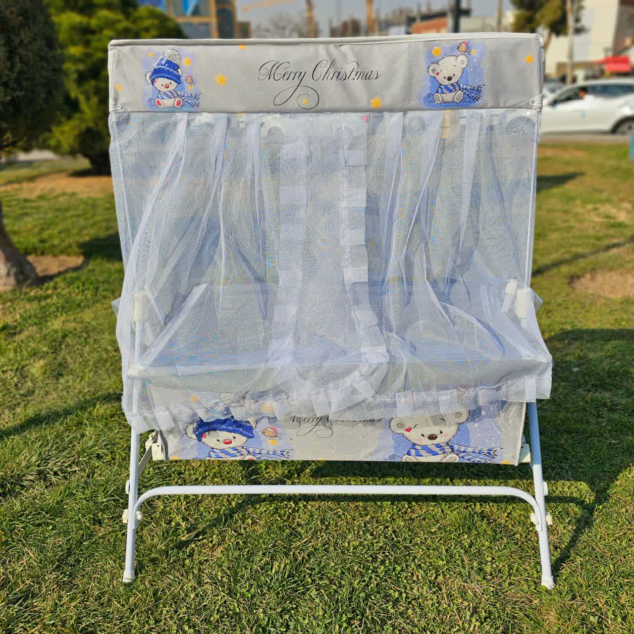 گهواره نوزادی برند شادی چاپی مخمل خرس شالگردن طوسی