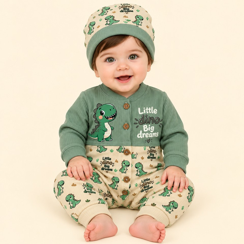 ست سرهمی و کلاه نوزادی مدل little dino کد Bs2D6000