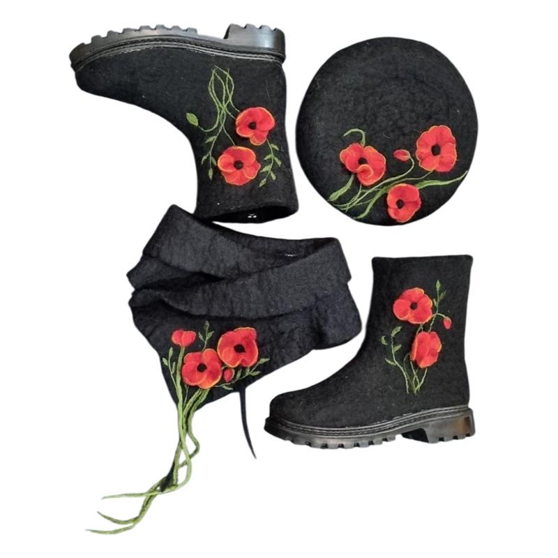 Embossed Anemone Felt Hat, Ankle Boots & Collar Scarf Set – Hoorfelt Brand
