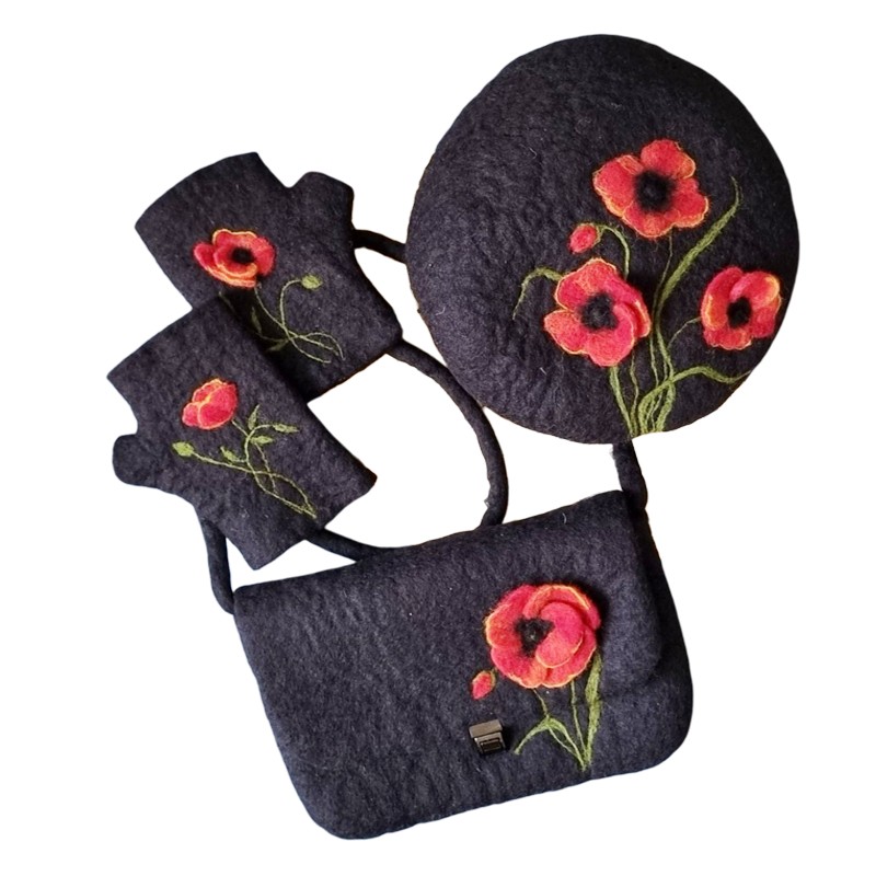 Felt Set Hat, Bag & Gloves Embossed Anemone DEsign – Hoorfelt Brand