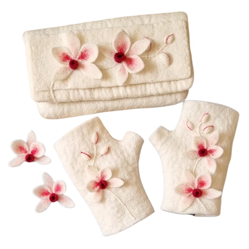 Felt Set Gloves, Earrings & Bag Orchid Design – Hoorfelt Brand