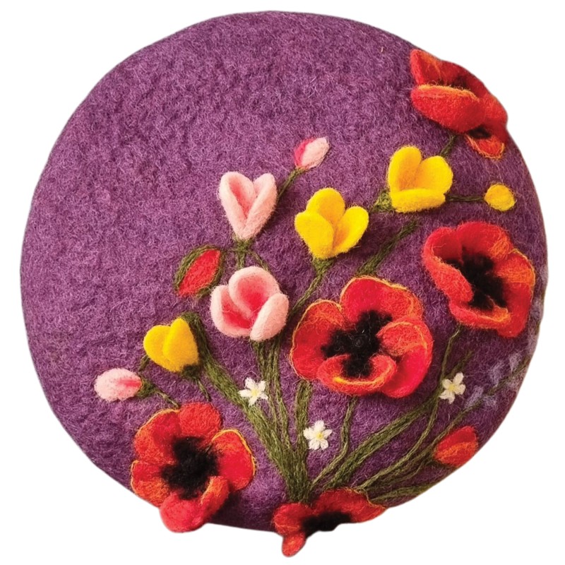Felt Beret Hat Raised Poppy Design 2 – Hoorfelt Brand