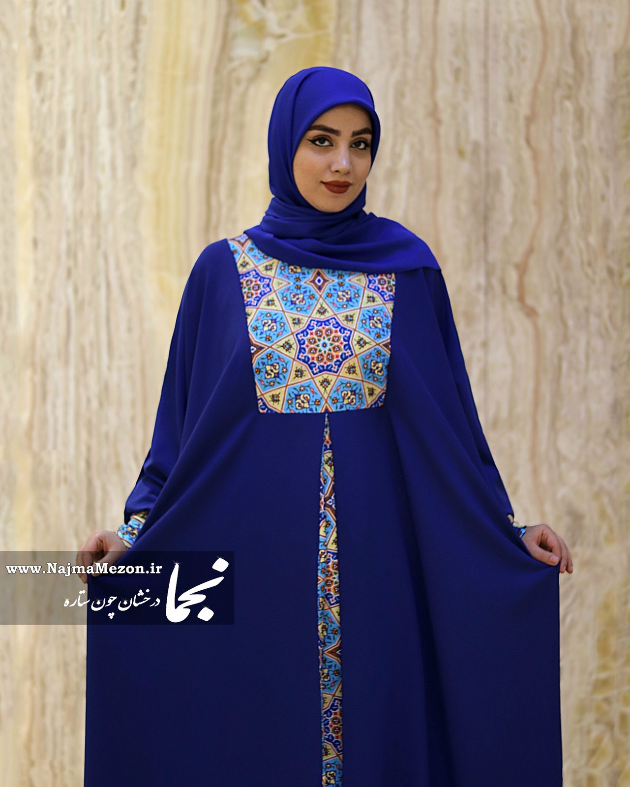 عبا سنتی کرپ الیزه مدل رز آبی کاشی مزون نجما