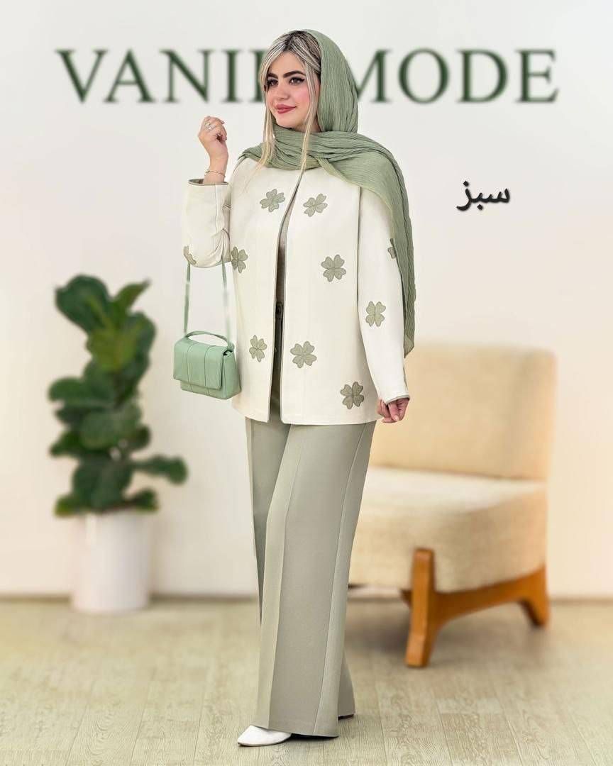 ست زنانه کت و شلوار مدل flower با کیفیت فری سایز رنگ سبز سدری403127