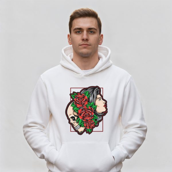 هودی سفید طرح Girl Skull With Roses