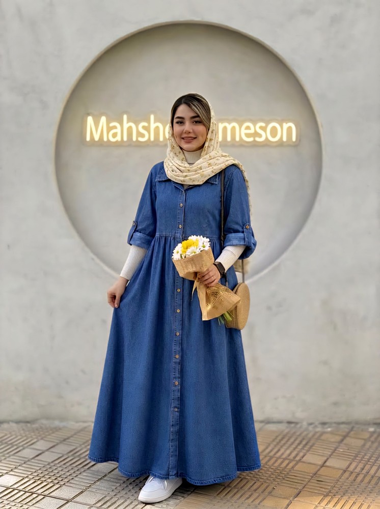 پیراهن جین آتوسا آستین پاکتی🩵