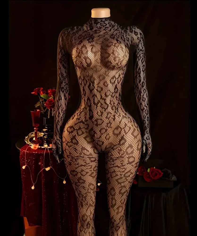 بادی زنانه یکسره فانتزی توری پلنگی دستکش دار کد 80154