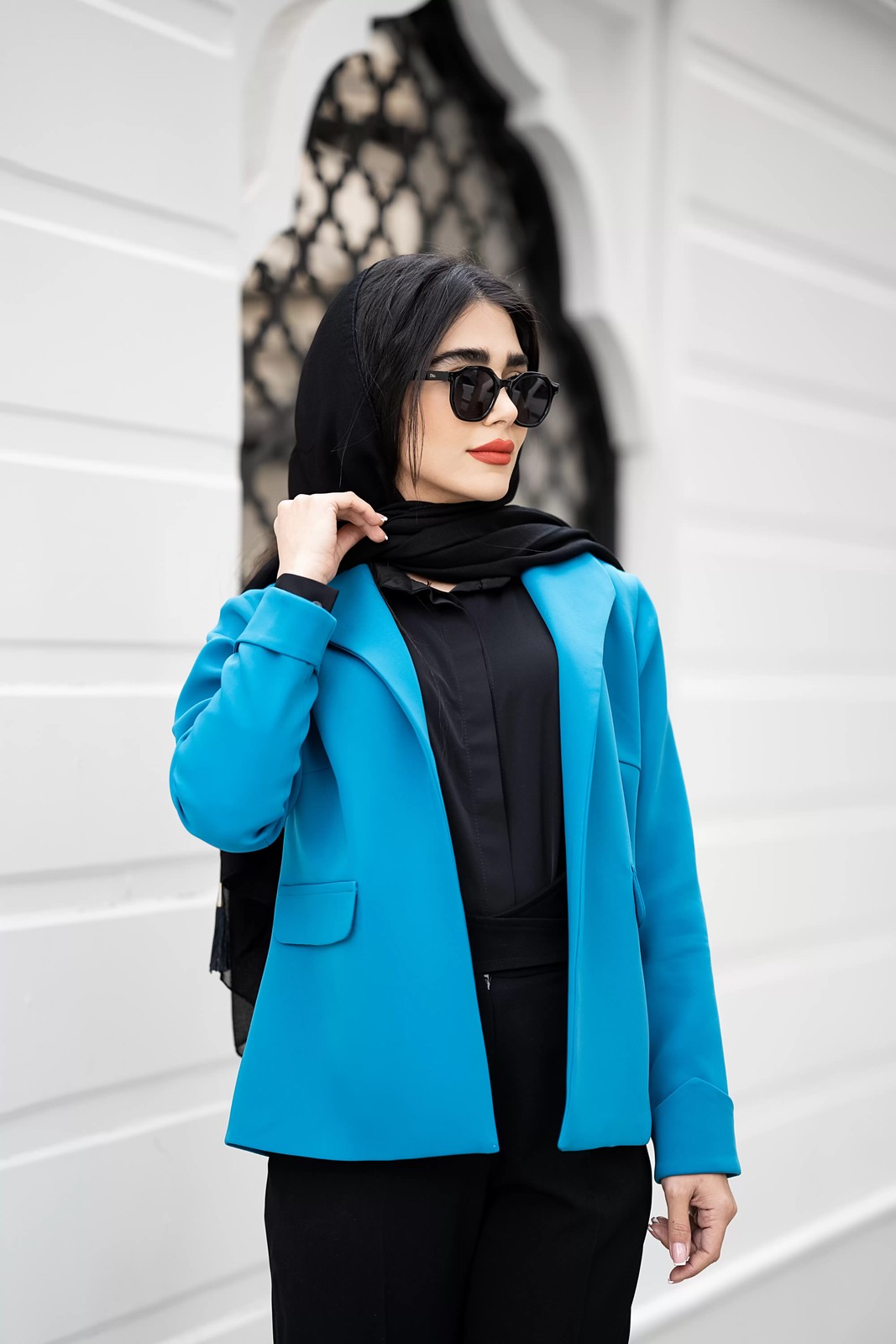 کت کرپ اندوزی آستین پاکتی سبز آبی فیونا