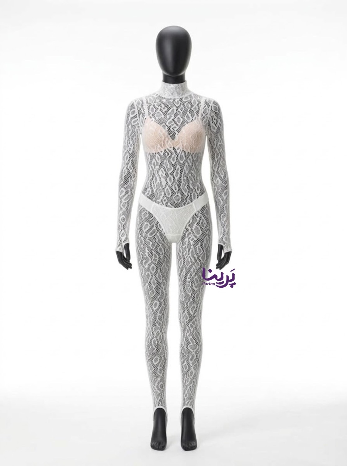 بادی سفید زنانه پلنگی فیشنتی دستکش دار 8605