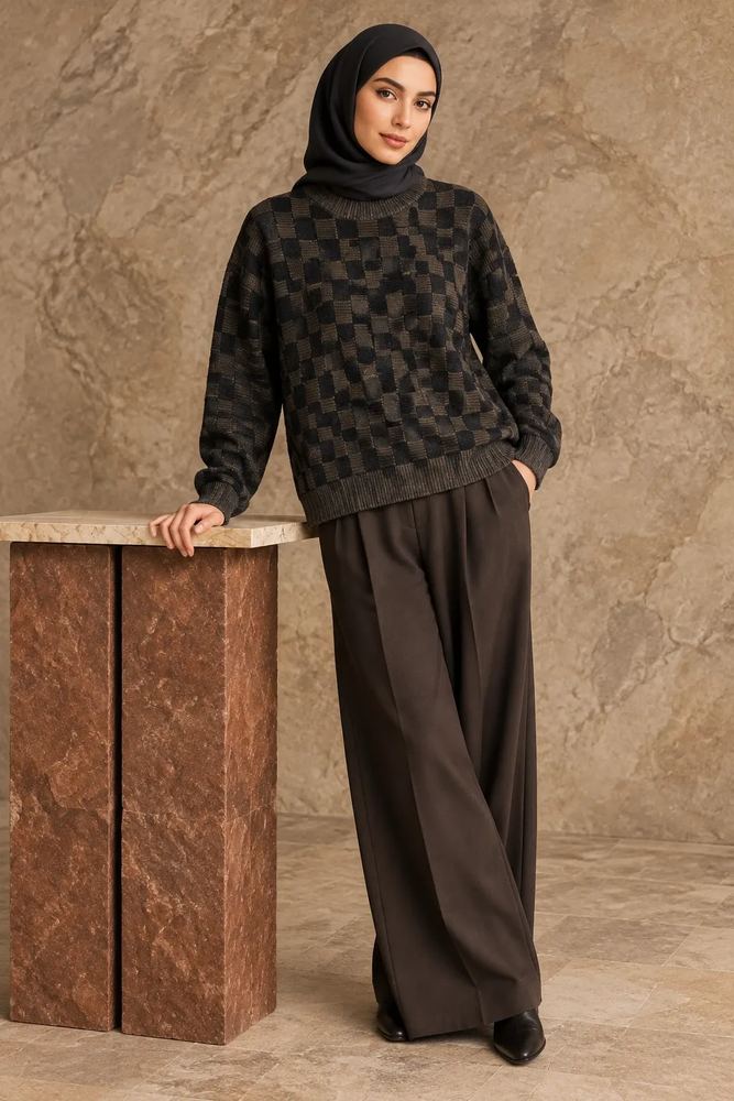 پلیور بافت شطرنجی برجسته (Vintage Geometric Sweater)
