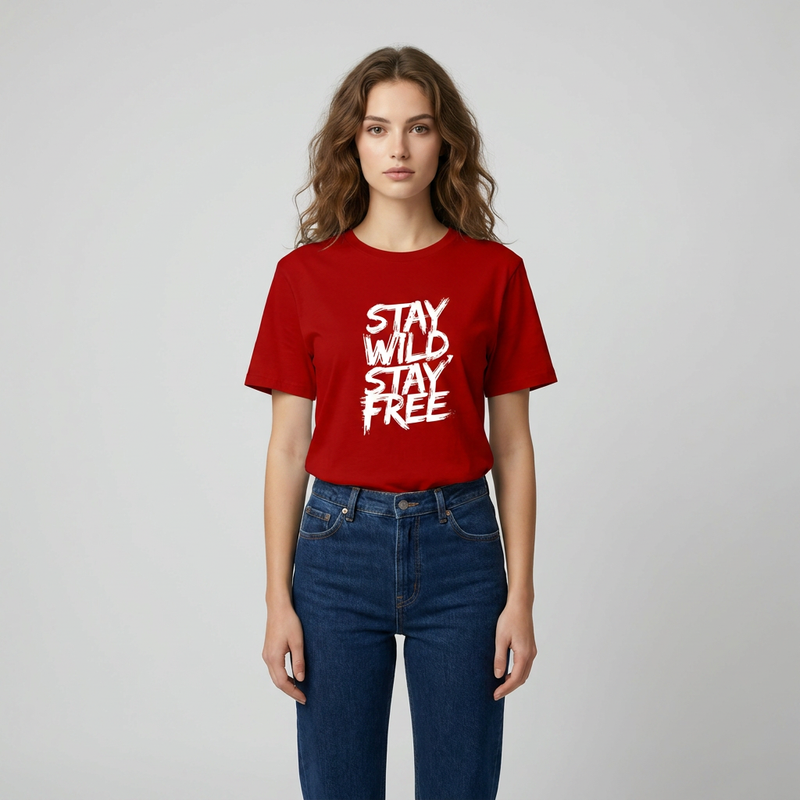 تیشرت زنانه تابستانه خنک پنبه ای یقه گرد با طرح stay wild stay free