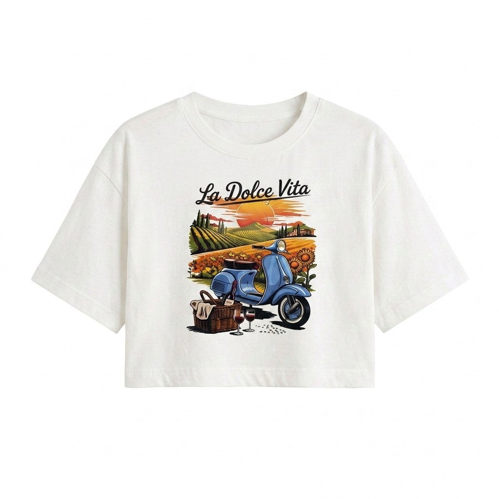 کراپ تیشرت زنانه باکسی پنبه مدل La Dolce Vita