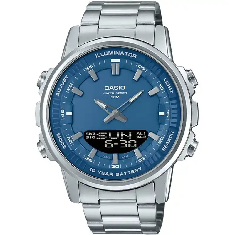 ساعت مردانه کاسیو مدل Casio AMW-880D-2A1 - بند استیل، صفحه آبی، کرونوگراف، ضد آب