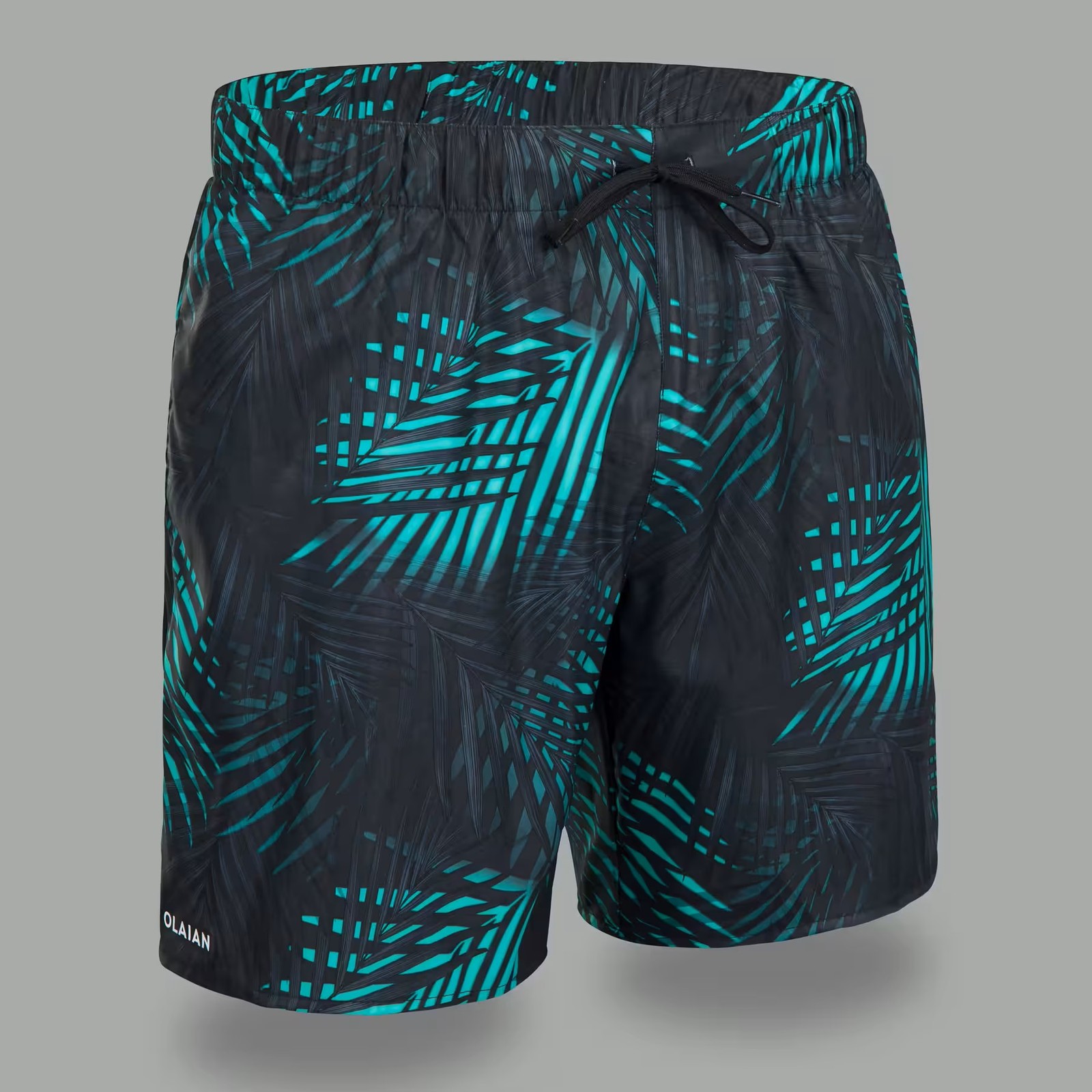 مایو موج سواری الیان – دکتلون Decathlon Olaian Men’s Short 15″ Swim Shorts – Black/Turquoise – Palm Tree Pattern – PALM 100