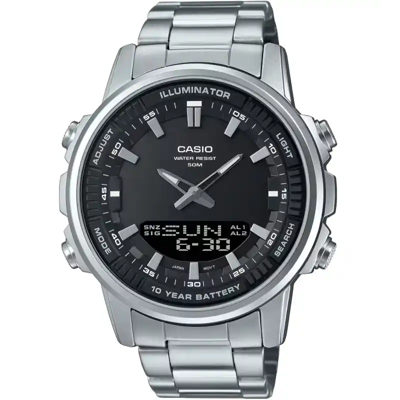 ساعت مردانه کاسیو مدل CASIO AMW-880D-1AVDF - بند استیل، صفحه مشکی، کرونوگراف، ضد آب
