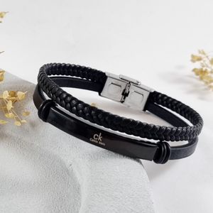 دستبند چرمی مردانه دولاین با پلاک استیل3 طرح CK و LV و Rolex