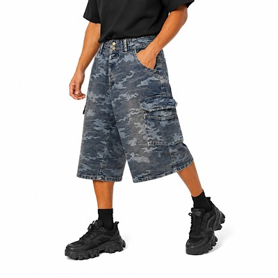 شلوارک جین چریکی مردانهزنانه بگ کارگو مدل Shadow Camo Denim Cargo Shorts | Shadow Camo Denim Cargo Baggy Shorts
