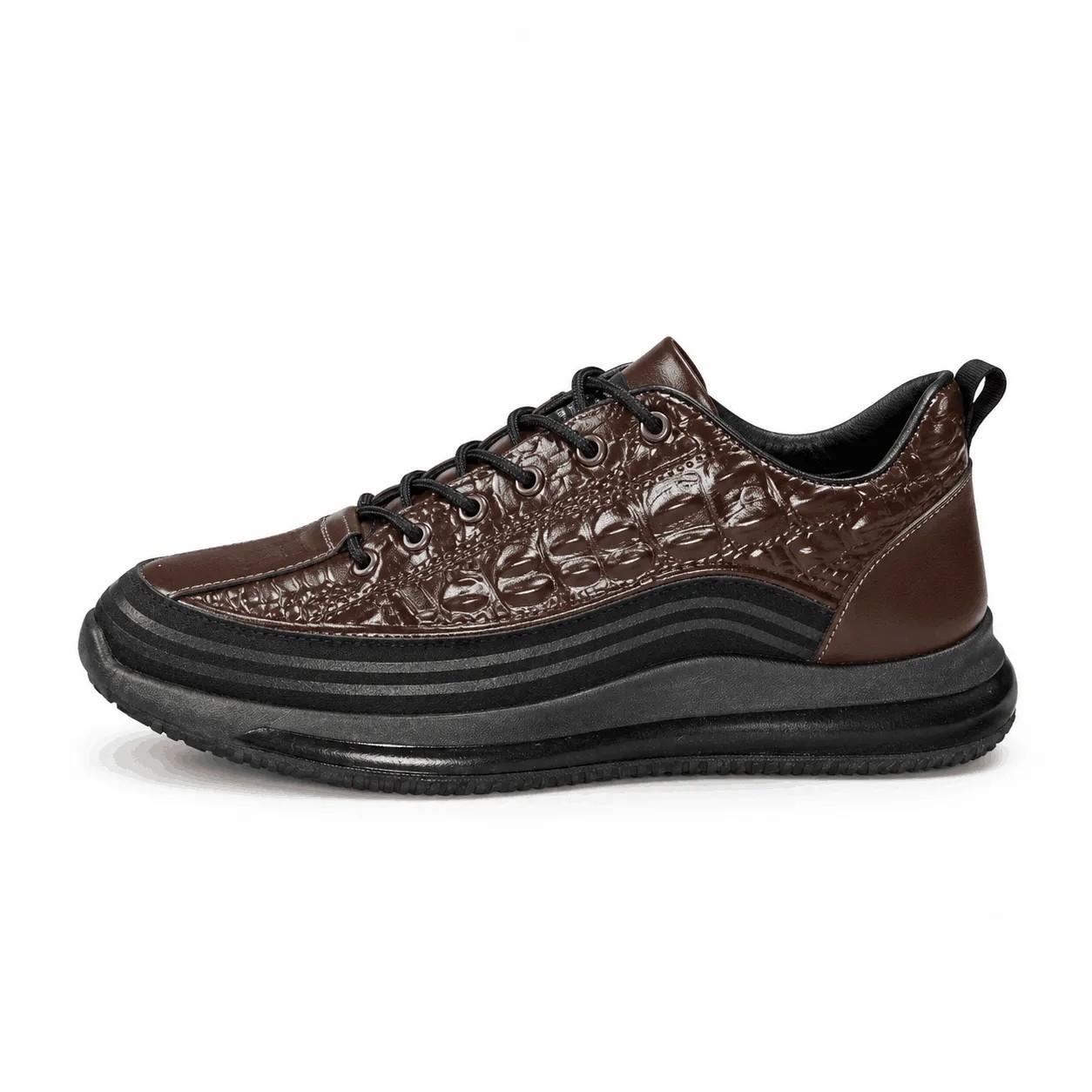 کتونی مردانه اسپرت طرح چرم تمساح قهوه‌ای مشکی Men’s Crocodile Pattern Leather Sport Sneakers Brown Black