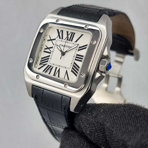 ساعت کارتیر سانتوس 100 زنانه سیلور مشکی بند چرم Cartier-5594-L